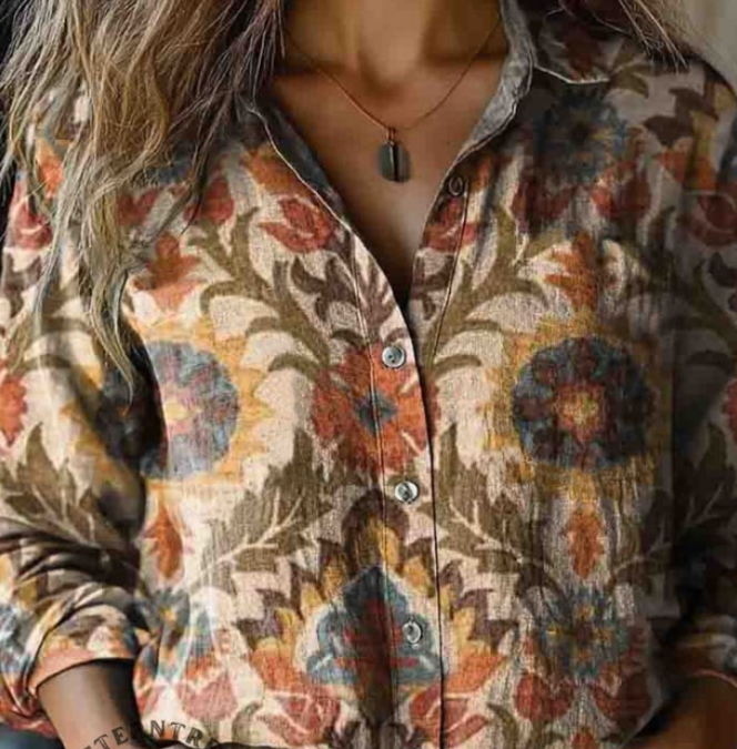 Damen Ethnisch Geometrie Langarm Bluse Frühling/Herbst Hemdkragen Täglich Lässig Oberteile