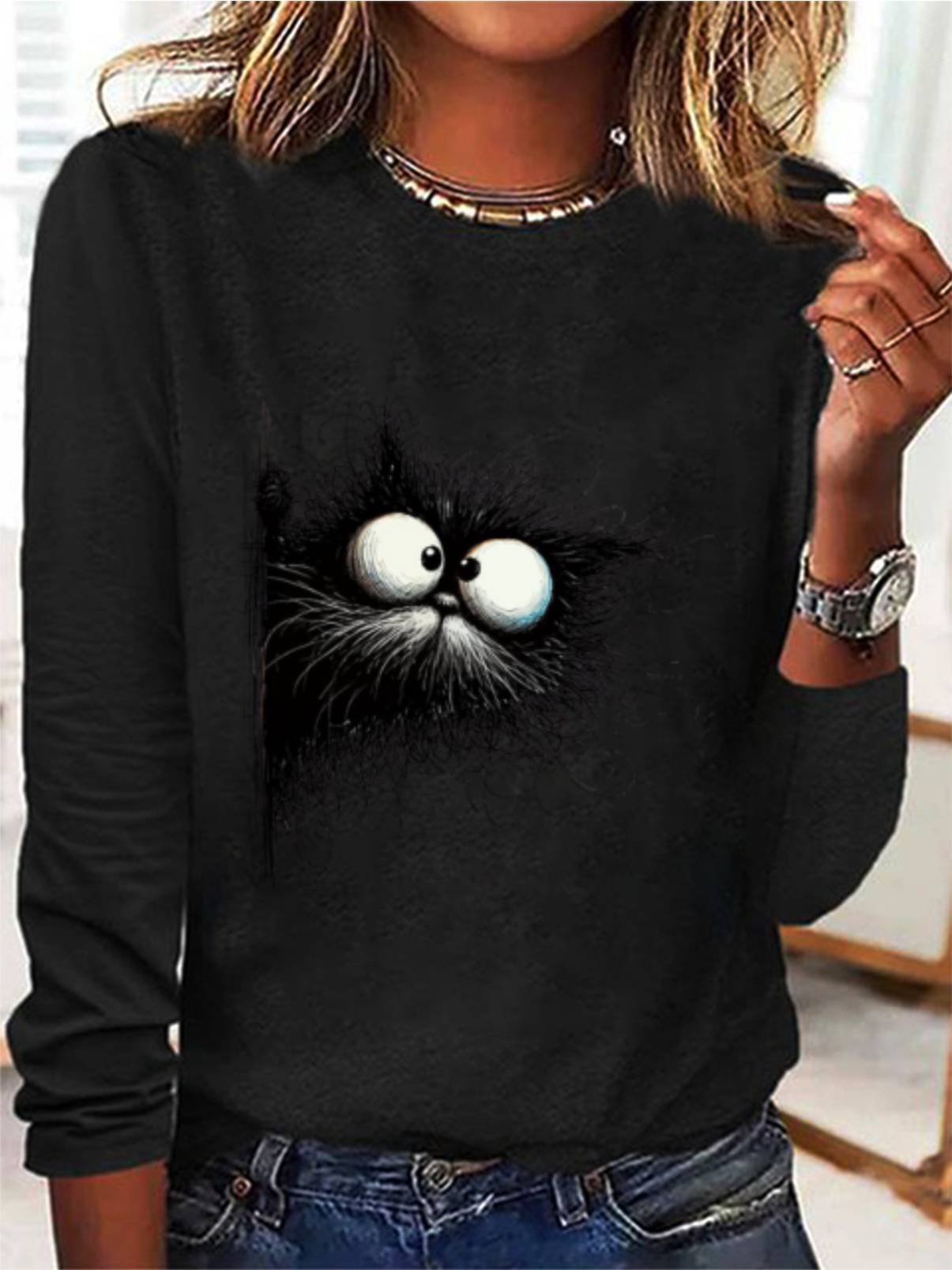 Damen Langarm T-Shirts T-Shirt Frühling/Herbst Katze Jersey Rundhals Täglich Ausgehen Lässig Oberteile