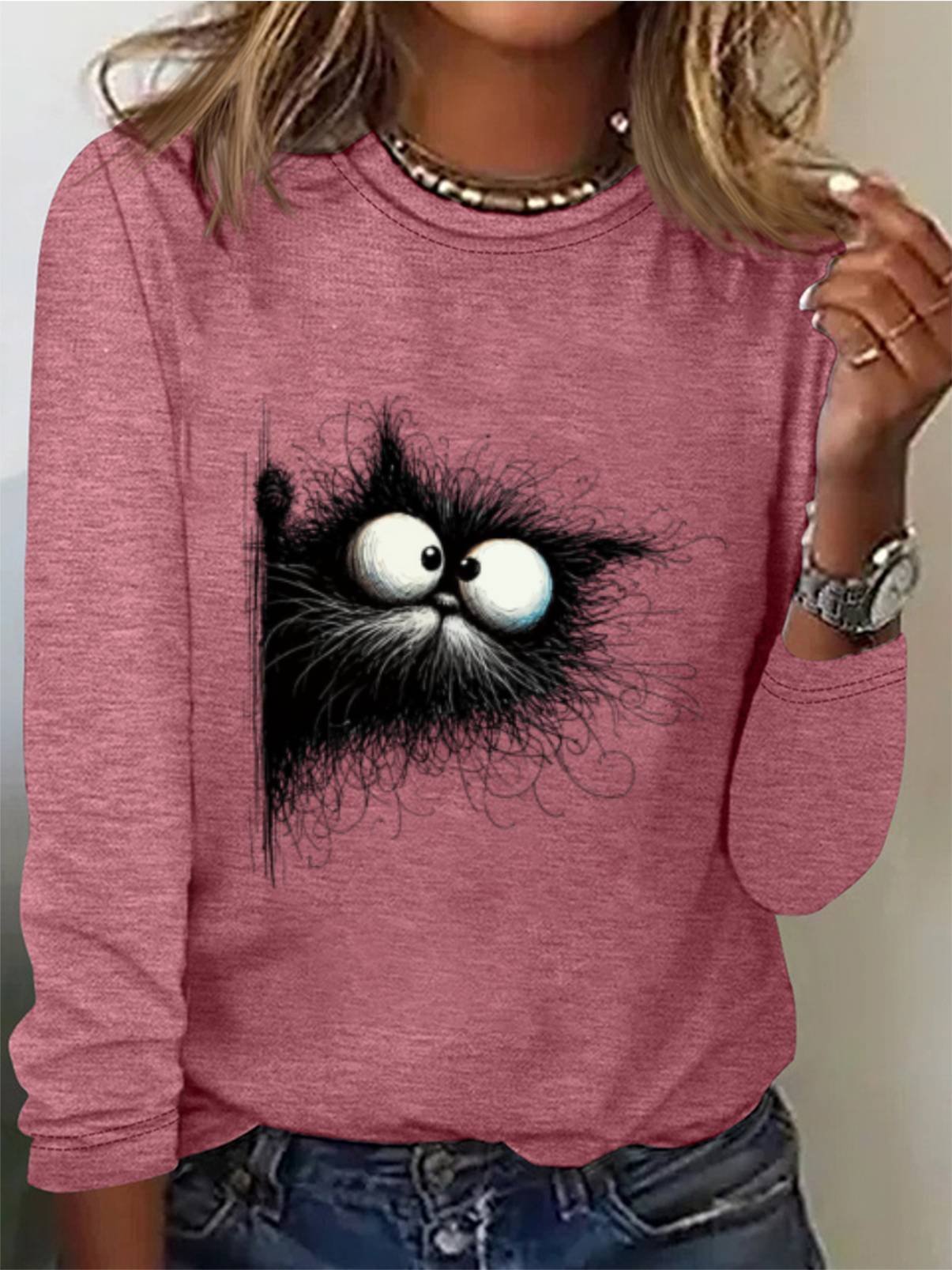 Damen Langarm T-Shirts T-Shirt Frühling/Herbst Katze Jersey Rundhals Täglich Ausgehen Lässig Oberteile