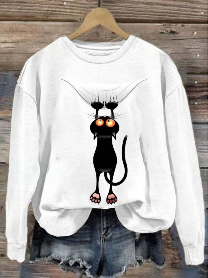 Damen Rundhals Katze Lässig Frühling/Herbst Langarm Sweatshirt