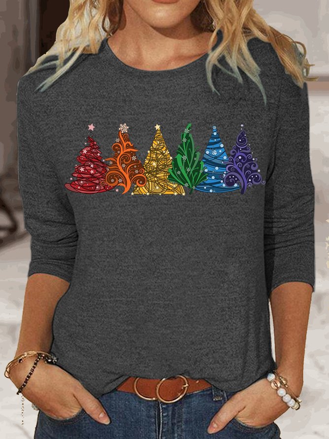 Damen Langarm T-Shirts T-Shirt Frühling/Herbst Weihnachtsbaum Jersey Rundhals Täglich Ausgehen Lässig Oberteile