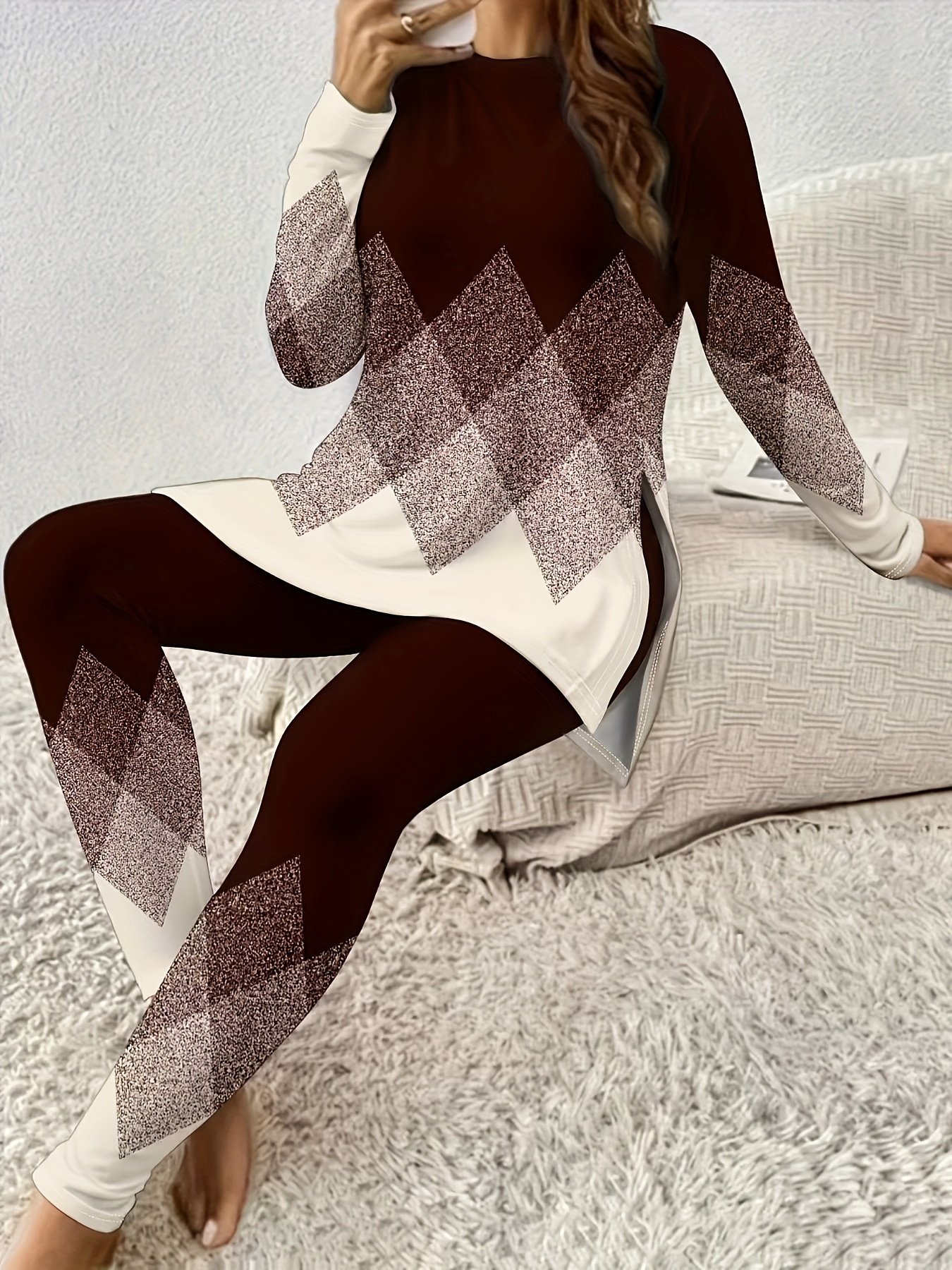 Damen Jersey Geometrisch Täglich Ausgehen Zwei Stücke Set Langarm Lässig Frühling/Herbst Bluse mit Hose Matching Set