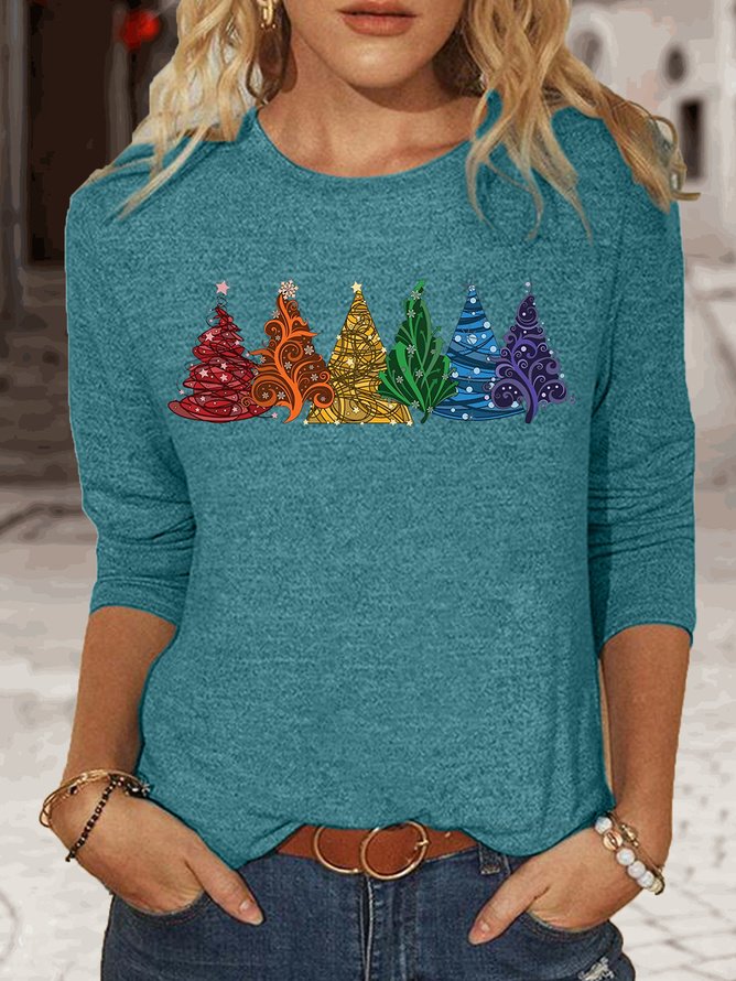 Damen Langarm T-Shirts T-Shirt Frühling/Herbst Weihnachtsbaum Jersey Rundhals Täglich Ausgehen Lässig Oberteile