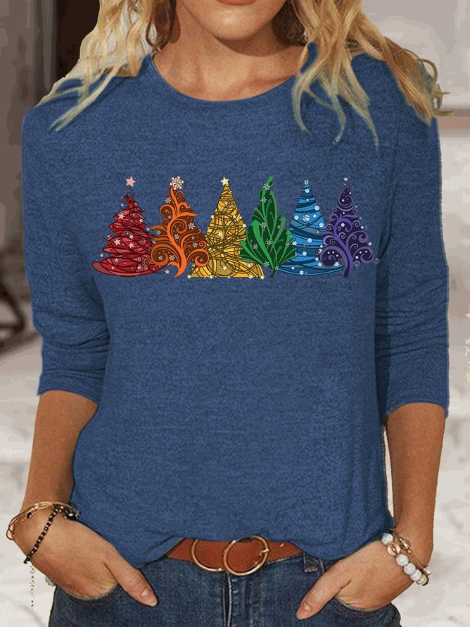 Damen Langarm T-Shirts T-Shirt Frühling/Herbst Weihnachtsbaum Jersey Rundhals Täglich Ausgehen Lässig Oberteile