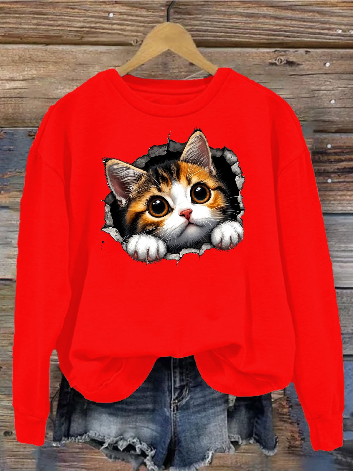 Damen Rundhals Katze Lässig Frühling/Herbst Langarm Sweatshirt