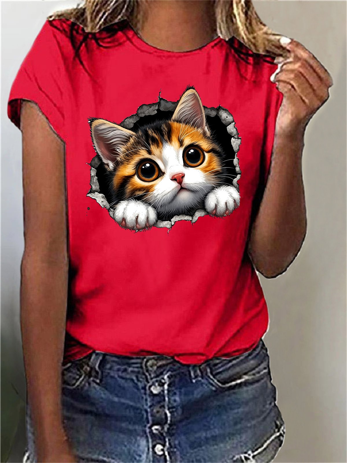 Damen Kurzarm T-Shirts T-Shirt Sommer Katze Baumwollmischung Rundhals Täglich Ausgehen Lässig Oberteile