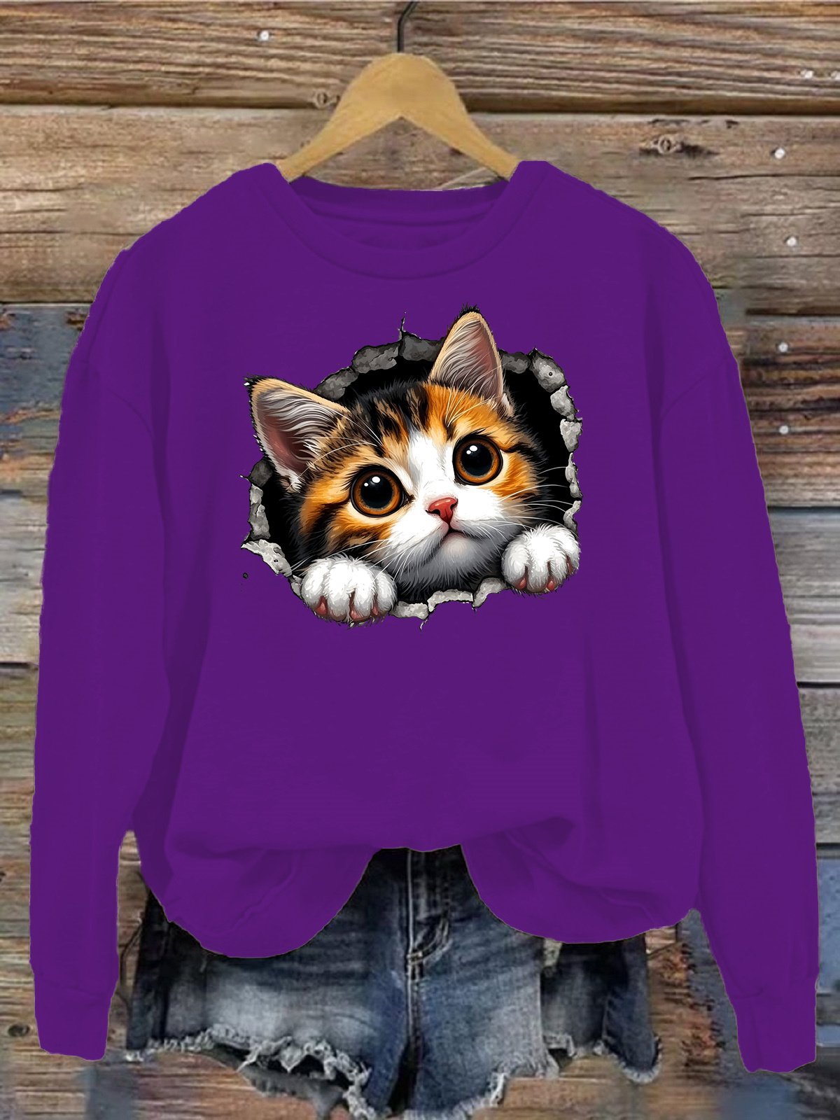 Damen Rundhals Katze Lässig Frühling/Herbst Langarm Sweatshirt