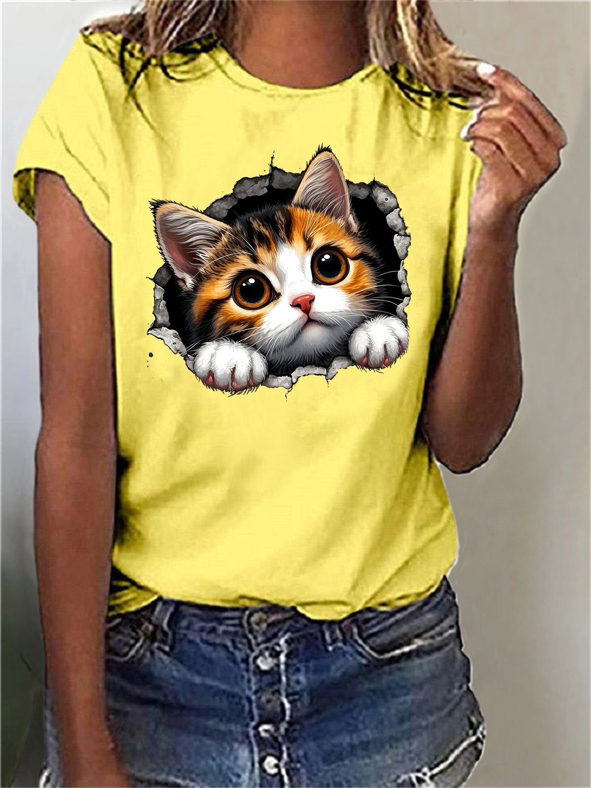 Damen Kurzarm T-Shirts T-Shirt Sommer Katze Baumwollmischung Rundhals Täglich Ausgehen Lässig Oberteile