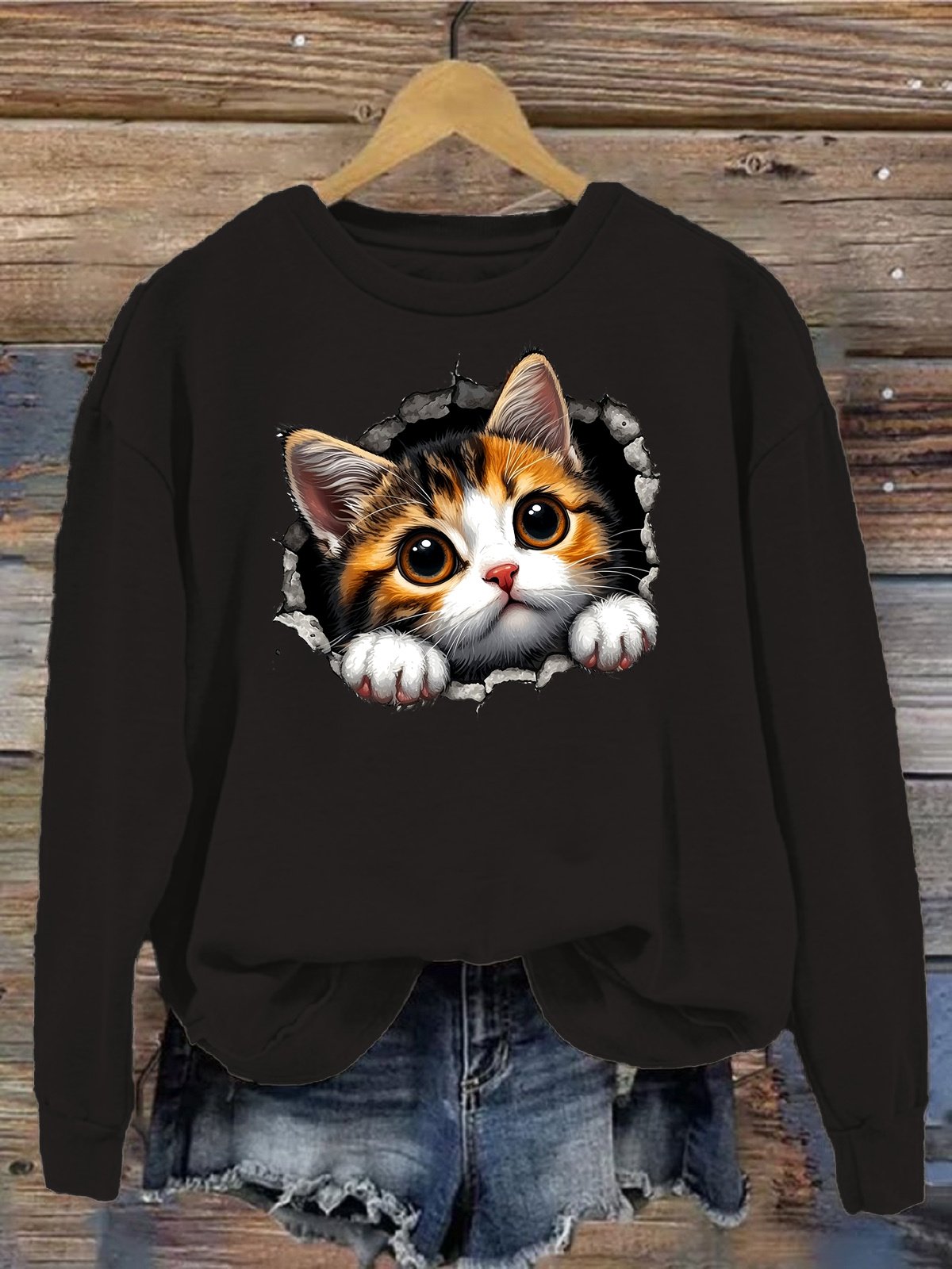 Damen Rundhals Katze Lässig Frühling/Herbst Langarm Sweatshirt