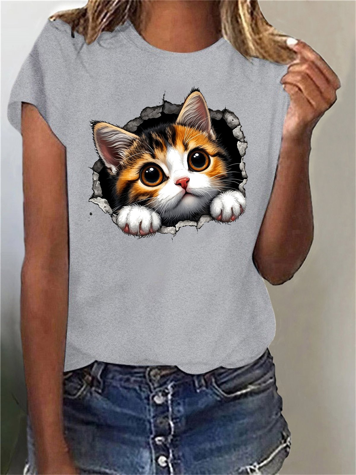 Damen Kurzarm T-Shirts T-Shirt Sommer Katze Baumwollmischung Rundhals Täglich Ausgehen Lässig Oberteile