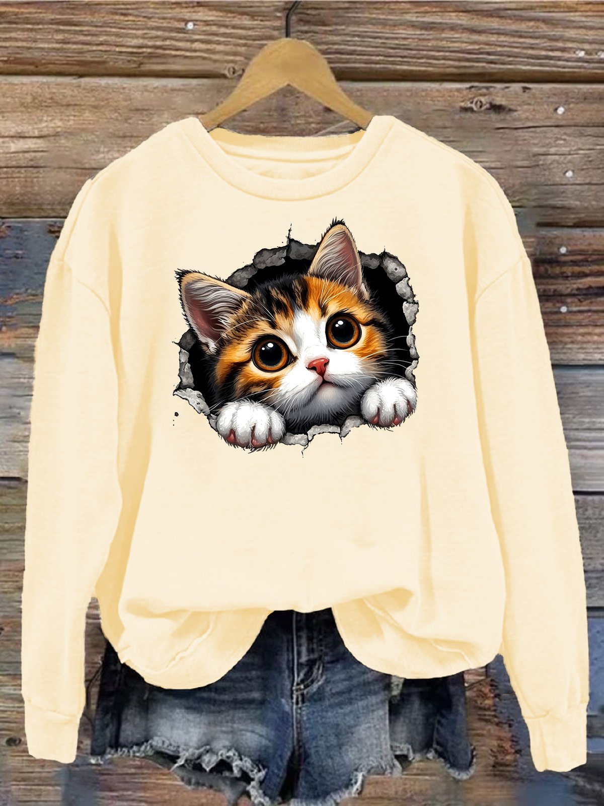 Damen Rundhals Katze Lässig Frühling/Herbst Langarm Sweatshirt