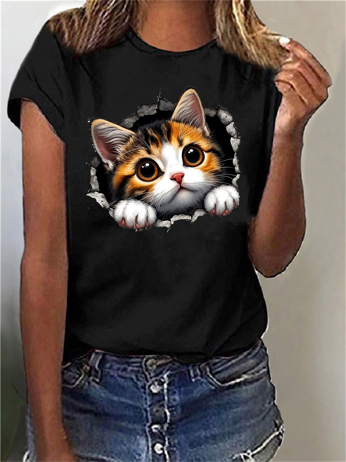 Damen Kurzarm T-Shirts T-Shirt Sommer Katze Baumwollmischung Rundhals Täglich Ausgehen Lässig Oberteile