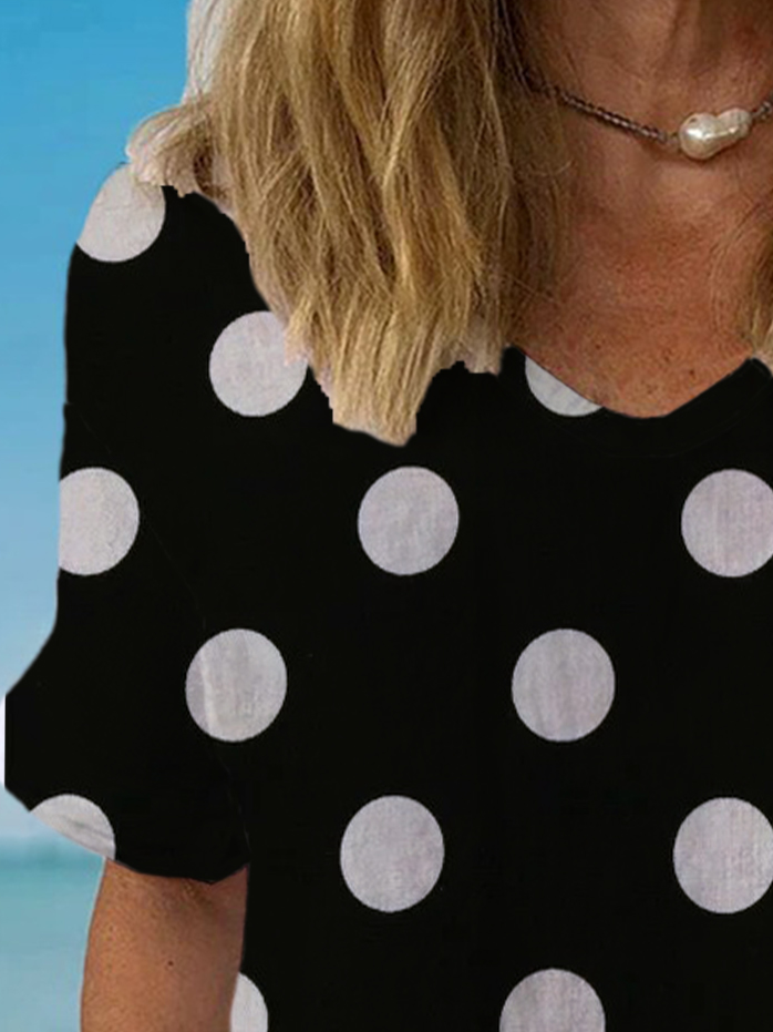 Damen Kurzarm Bluse Sommer Polka Dots Baumwolle Rundhals Täglich Ausgehen Lässig Oberteile