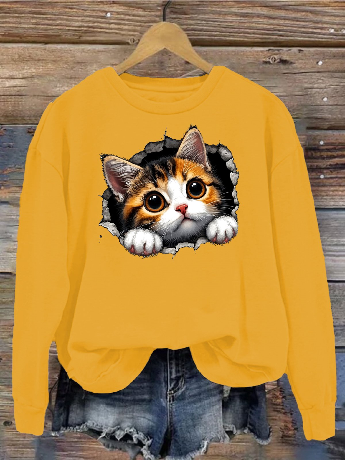 Damen Rundhals Katze Lässig Frühling/Herbst Langarm Sweatshirt