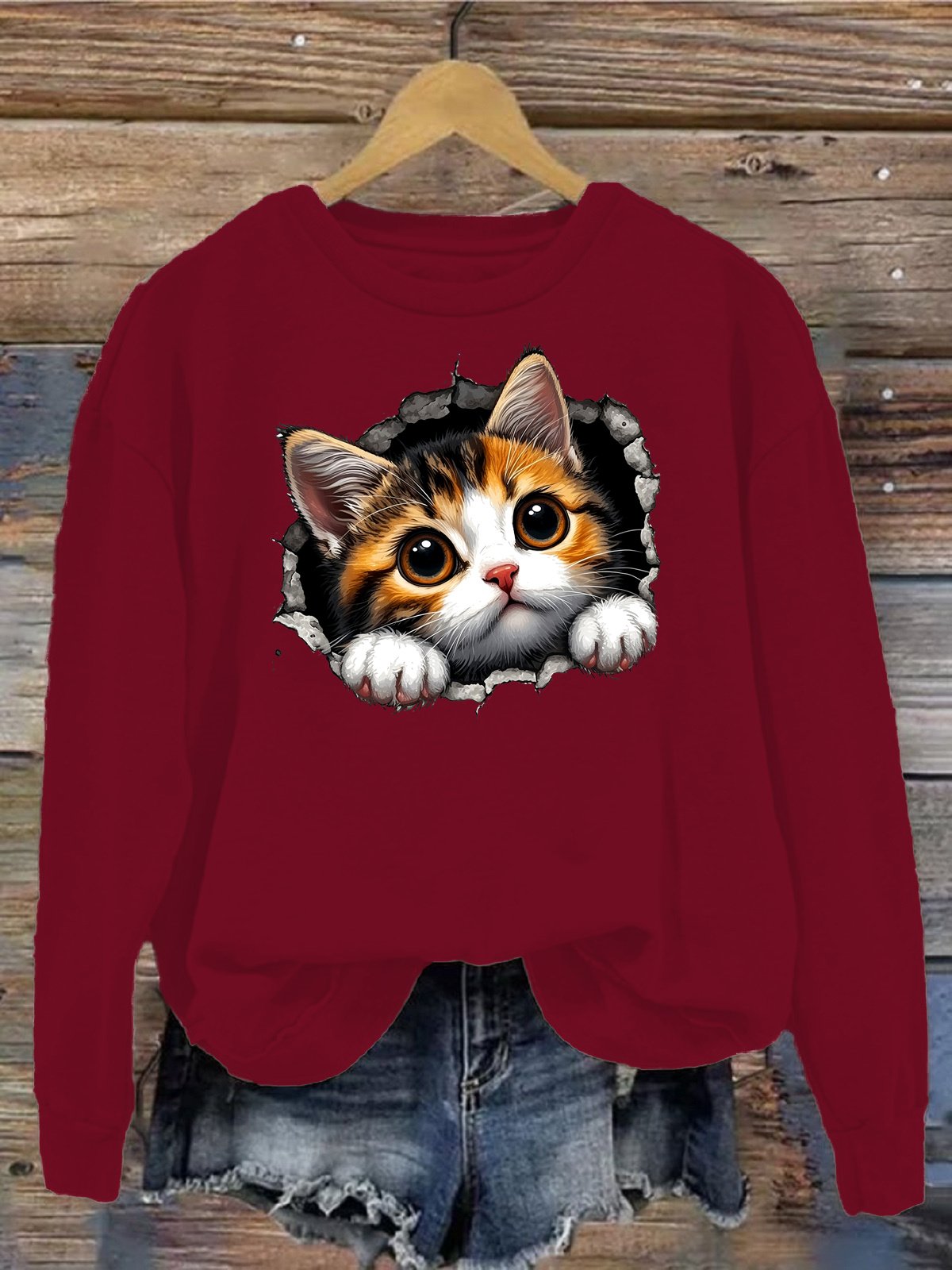 Damen Rundhals Katze Lässig Frühling/Herbst Langarm Sweatshirt