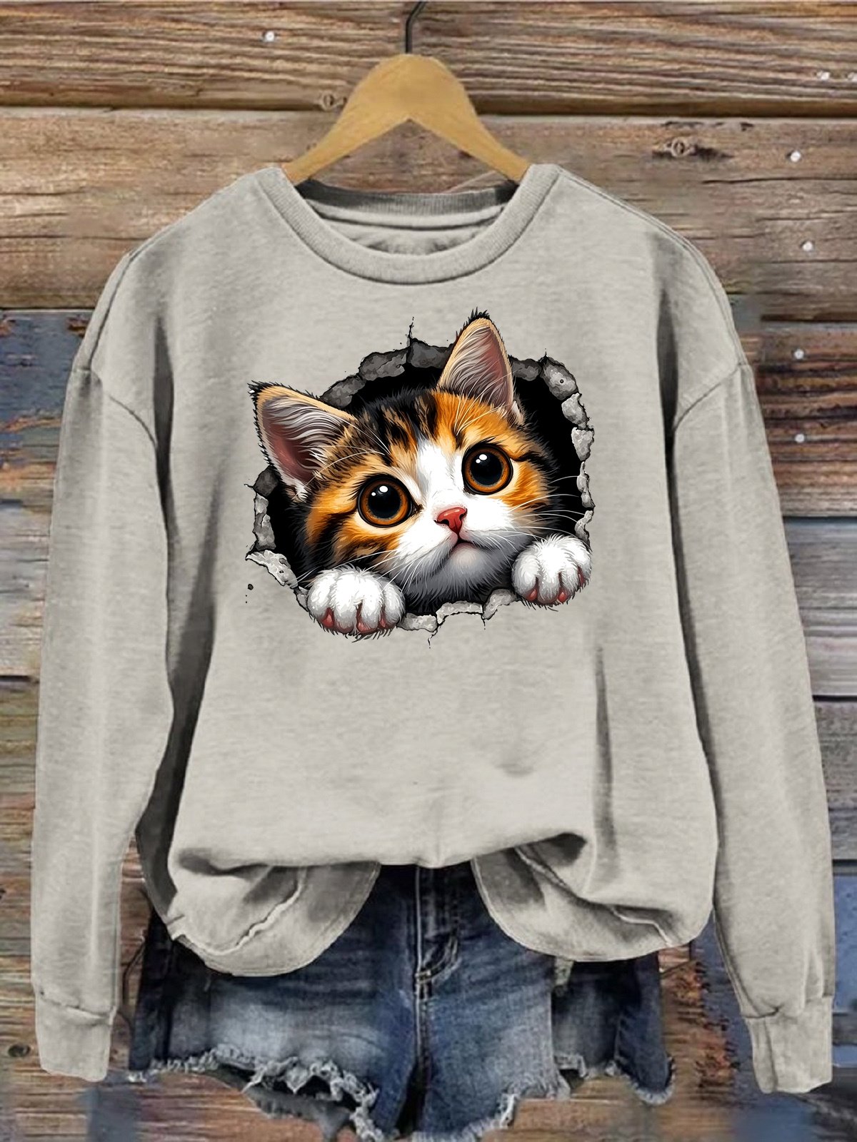 Damen Rundhals Katze Lässig Frühling/Herbst Langarm Sweatshirt