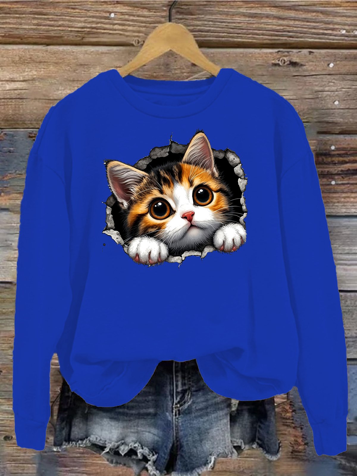 Damen Rundhals Katze Lässig Frühling/Herbst Langarm Sweatshirt