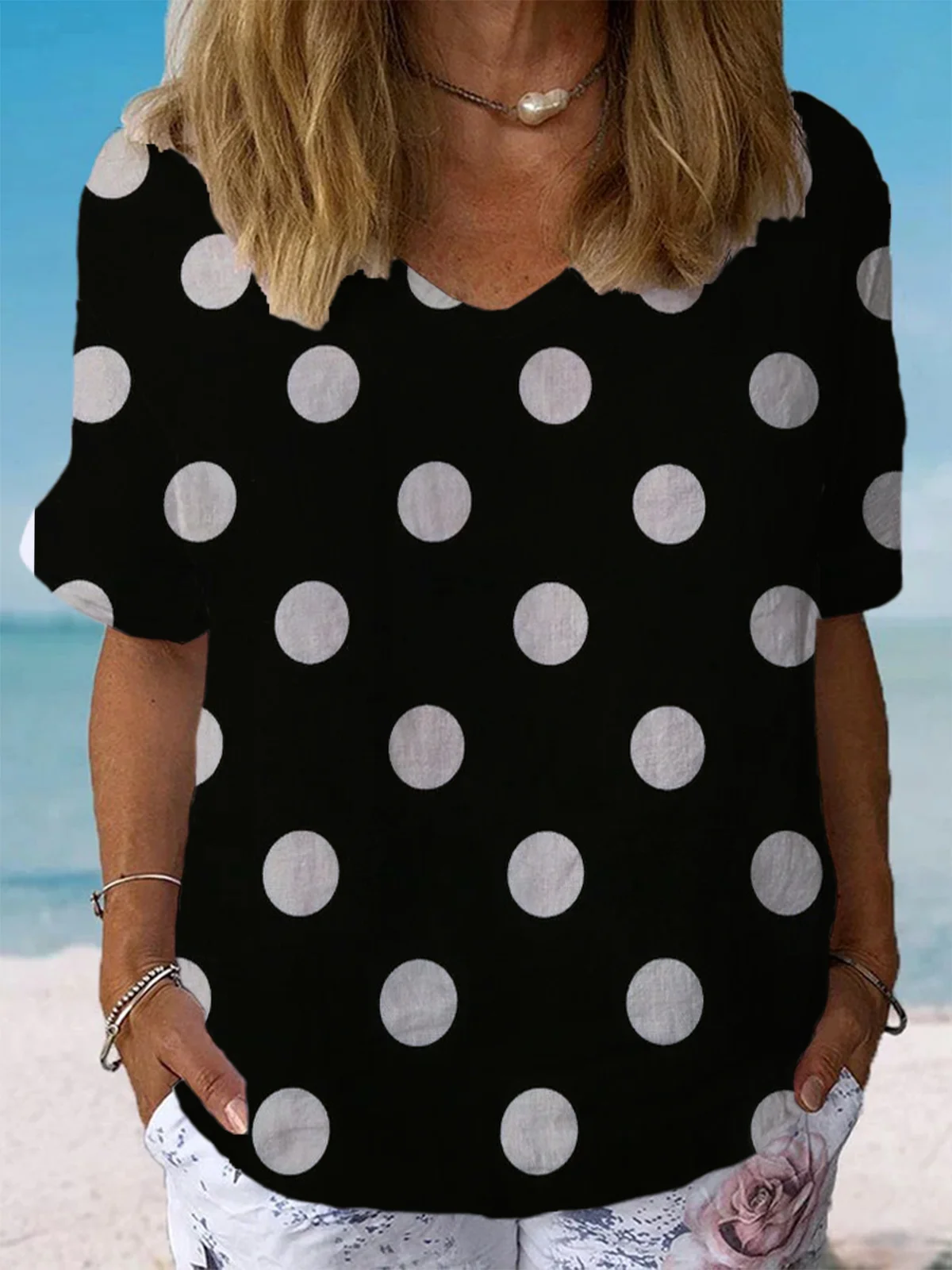 Damen Kurzarm Bluse Sommer Polka Dots Baumwolle Rundhals Täglich Ausgehen Lässig Oberteile