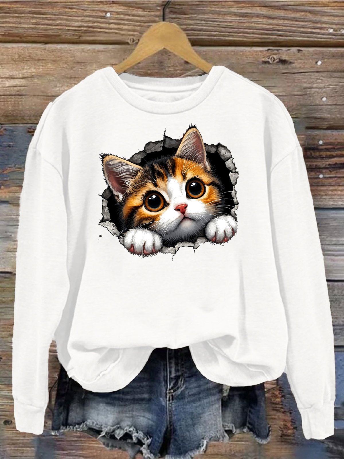 Damen Rundhals Katze Lässig Frühling/Herbst Langarm Sweatshirt