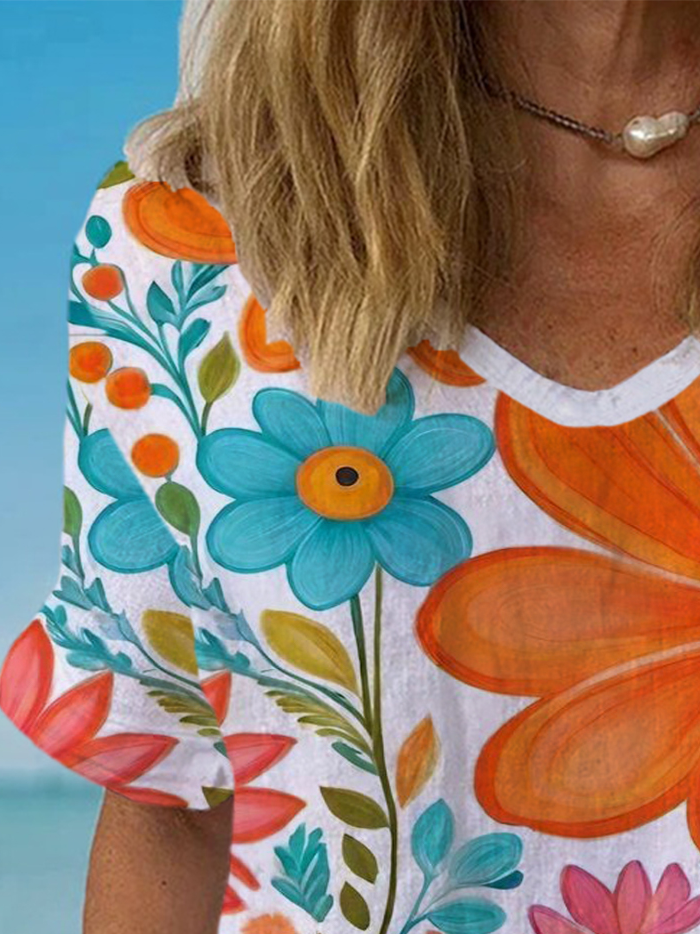 Damen Kurzarm Bluse Sommer Geblümt Baumwolle Rundhals Täglich Ausgehen Lässig Oberteile
