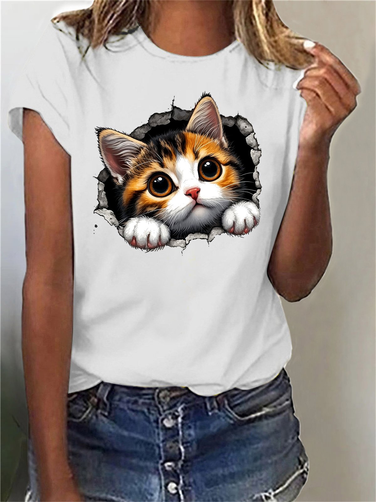 Damen Kurzarm T-Shirts T-Shirt Sommer Katze Baumwollmischung Rundhals Täglich Ausgehen Lässig Oberteile