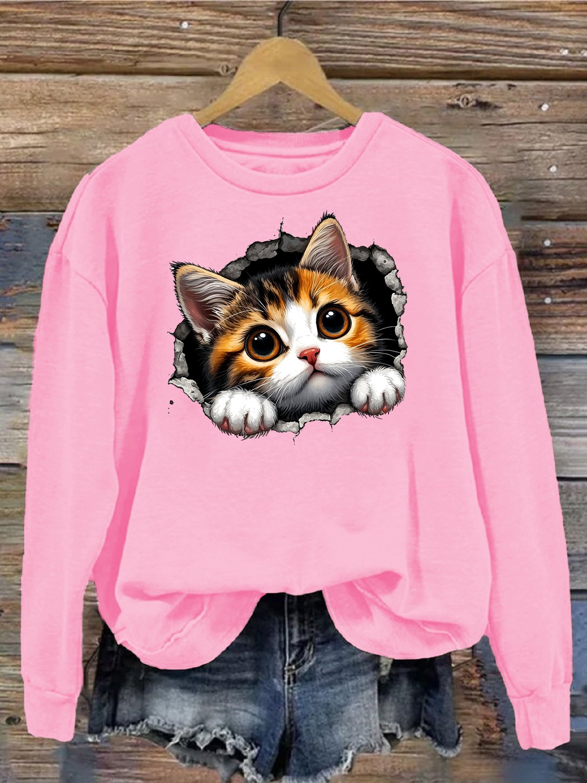 Damen Rundhals Katze Lässig Frühling/Herbst Langarm Sweatshirt