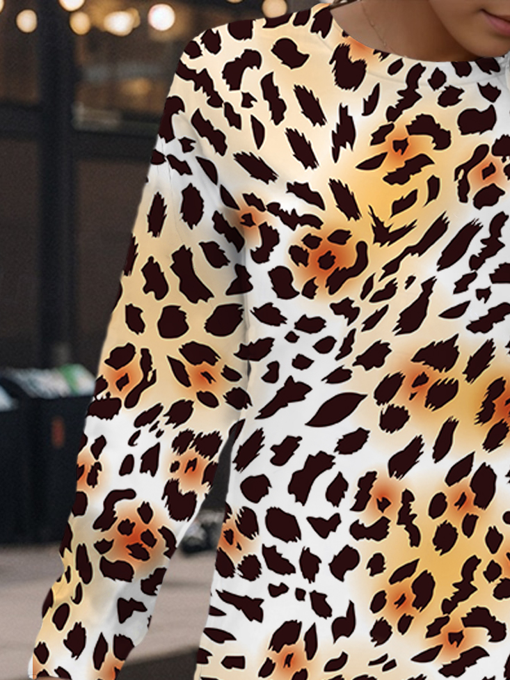 Damen Langarm Frühling/Herbst Leopard Kleid Rundhals Täglich Ausgehen Lässig Mini H-Linie Hüftrock