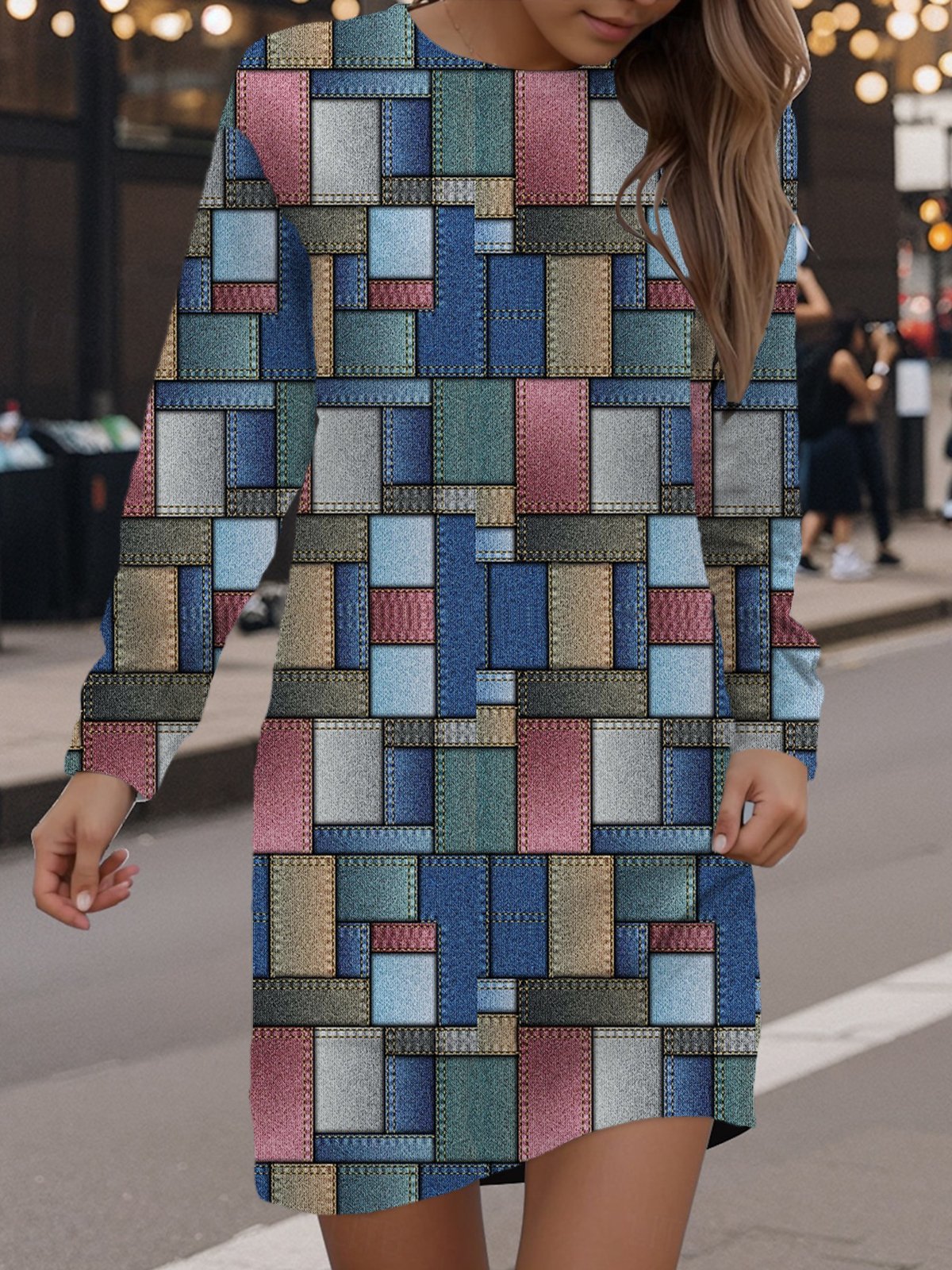 Damen Langarm Frühling/Herbst Geometrisch Kleid Rundhals Täglich Ausgehen Lässig Mini H-Linie Hüftrock