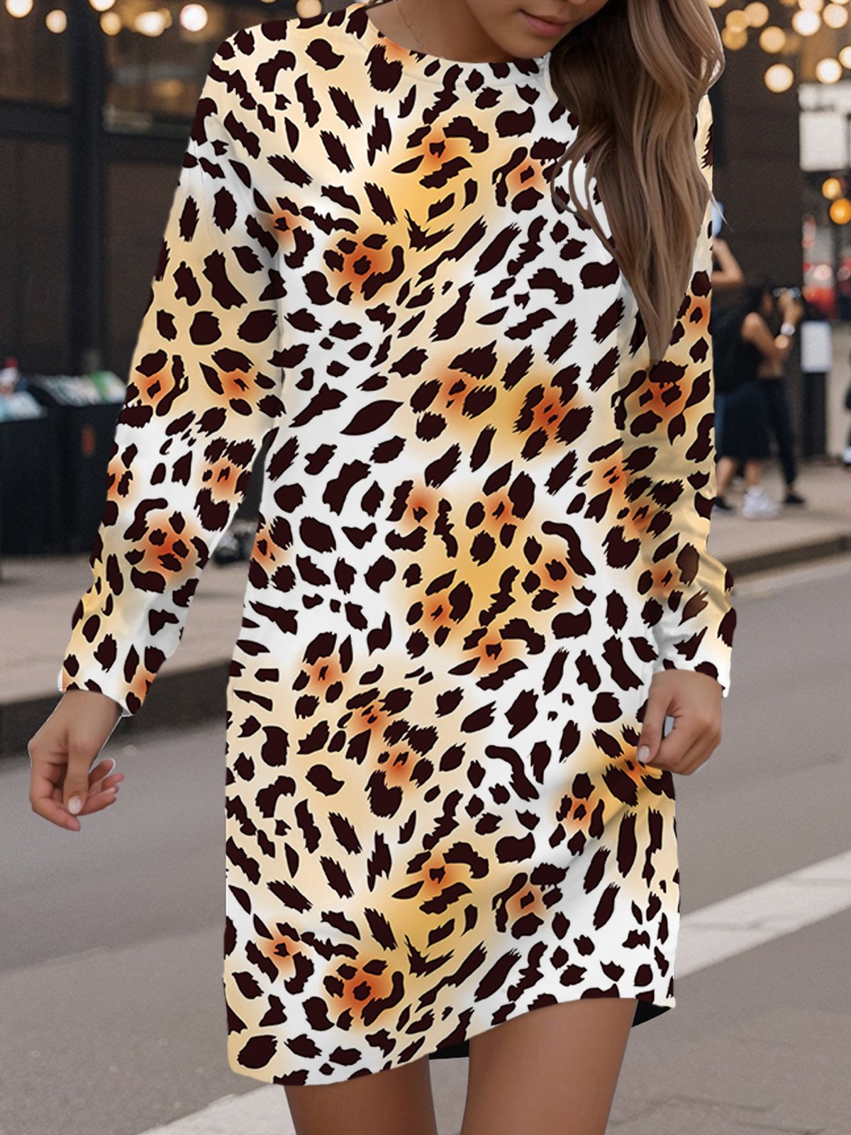 Damen Langarm Frühling/Herbst Leopard Kleid Rundhals Täglich Ausgehen Lässig Mini H-Linie Hüftrock