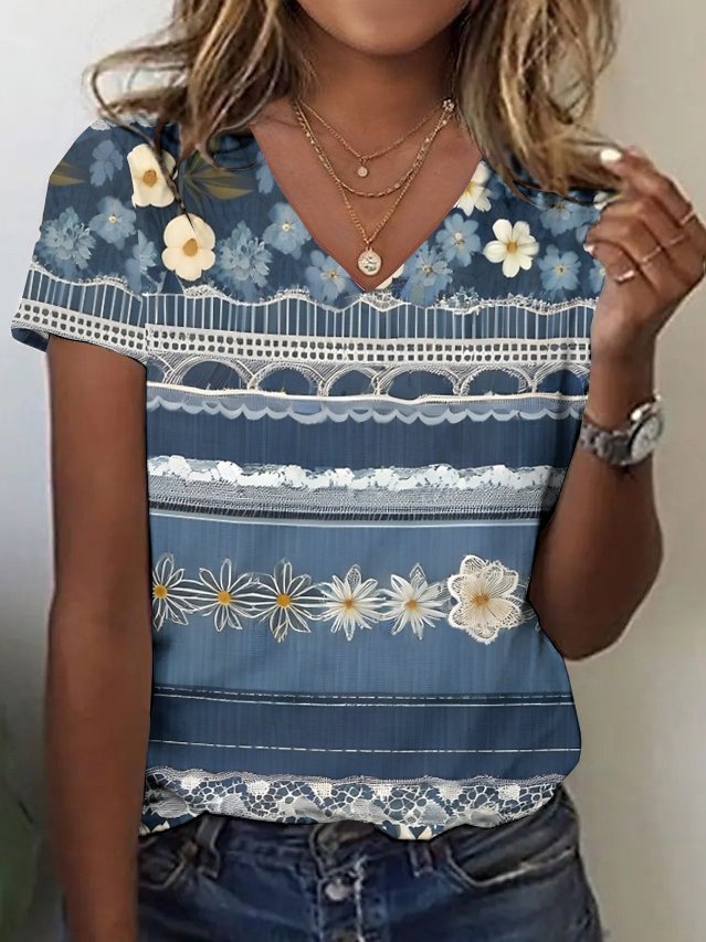 Damen Kurzarm T-Shirts T-Shirt Sommer Geblümt Baumwolle V-Ausschnitt Täglich Ausgehen Retro Oberteile