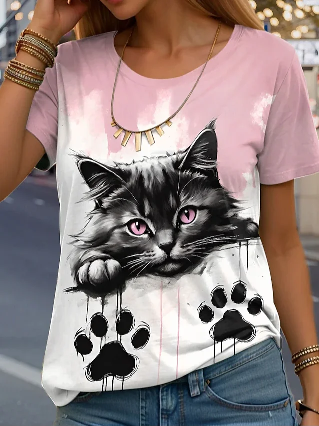 Damen Kurzarm T-Shirts T-Shirt Sommer Katze Jersey Rundhals Täglich Ausgehen Lässig Oberteile