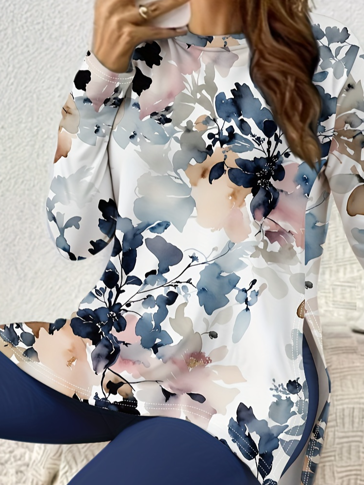 Damen Jersey Geblümt Täglich Ausgehen Zwei Stücke Set Langarm Lässig Frühling/Herbst Bluse mit Hose Matching Set