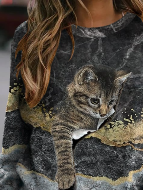 Damen Rundhals Katze Lässig Frühling/Herbst Langarm Sweatshirt