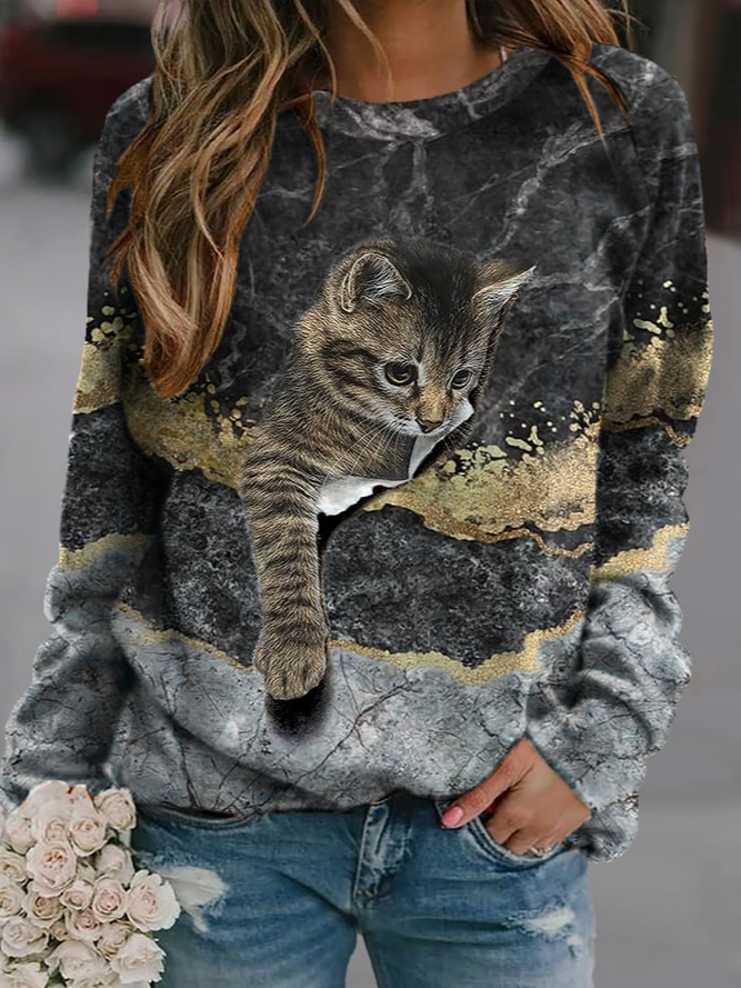 Damen Rundhals Katze Lässig Frühling/Herbst Langarm Sweatshirt