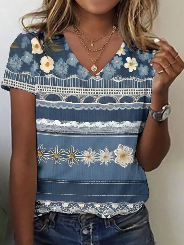 Damen Kurzarm T-Shirts T-Shirt Sommer Geblümt Baumwolle V-Ausschnitt Täglich Ausgehen Retro Oberteile