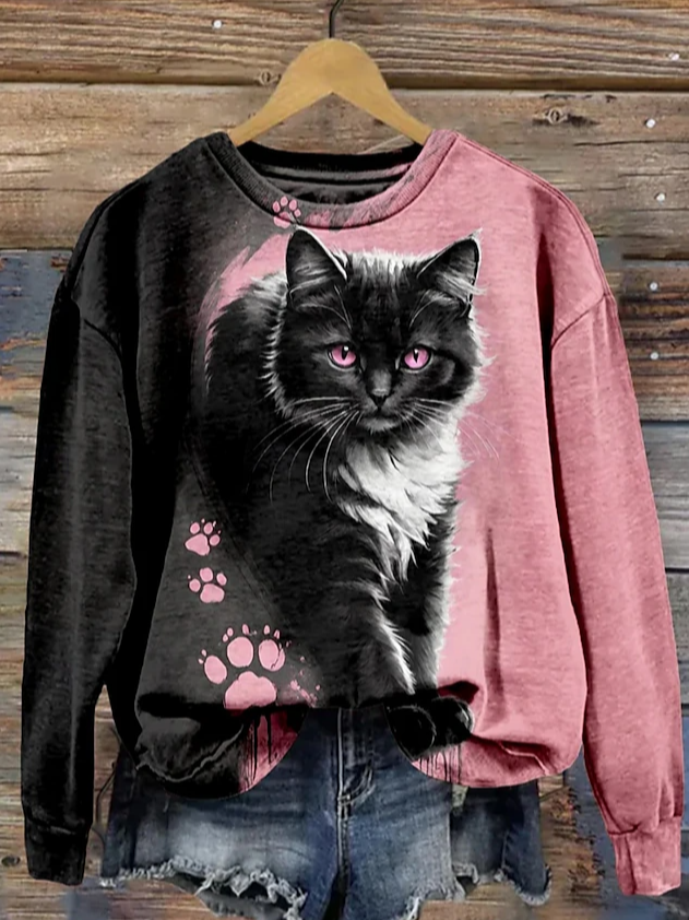 Damen Rundhals Katze Lässig Frühling/Herbst Langarm Sweatshirt