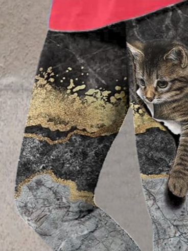 Damen Lässig Katze Jersey Alle Jahreszeiten Lang Leggings