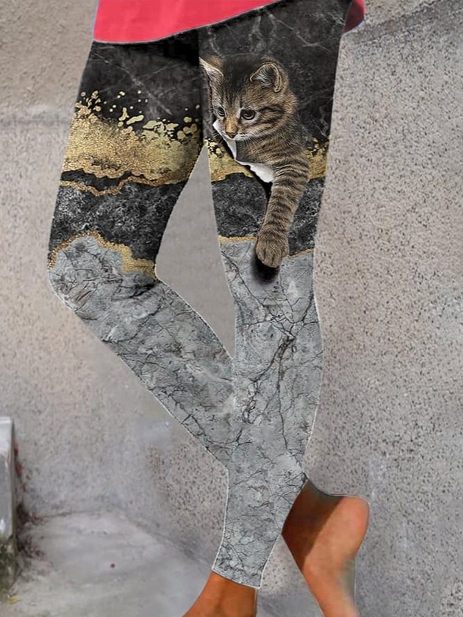 Damen Lässig Katze Jersey Alle Jahreszeiten Lang Leggings