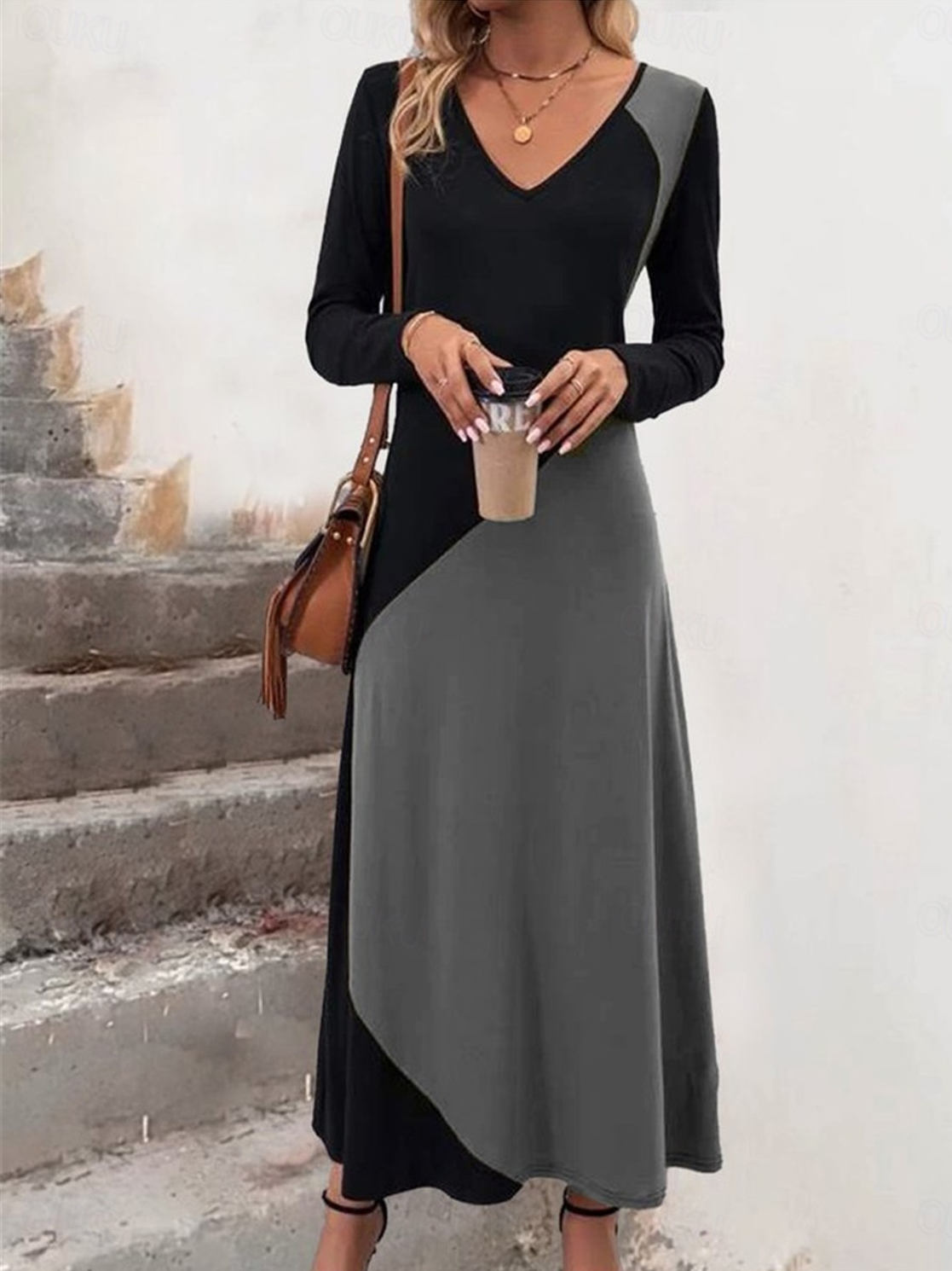 Damen Langarm Frühling/Herbst Farbblock Kleid V-Ausschnitt Urlaub Ausgehen Retro Maxikleid T-Shirt-Kleid A-Linien-Kleid