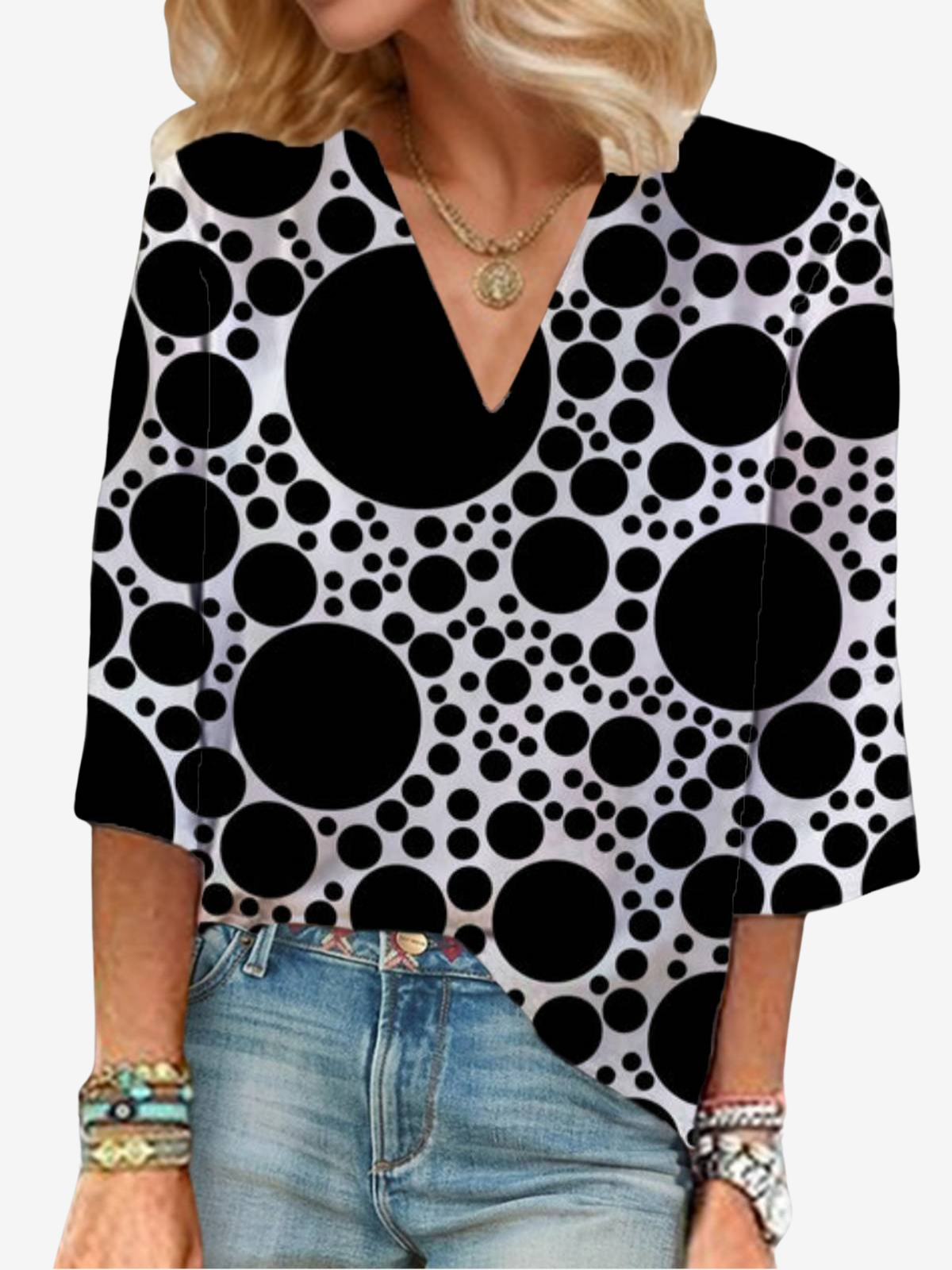 Damen Dreiviertelärmel Bluse Frühling/Herbst Polka Dots V-Ausschnitt Urlaub Ausgehen Lässig Oberteile