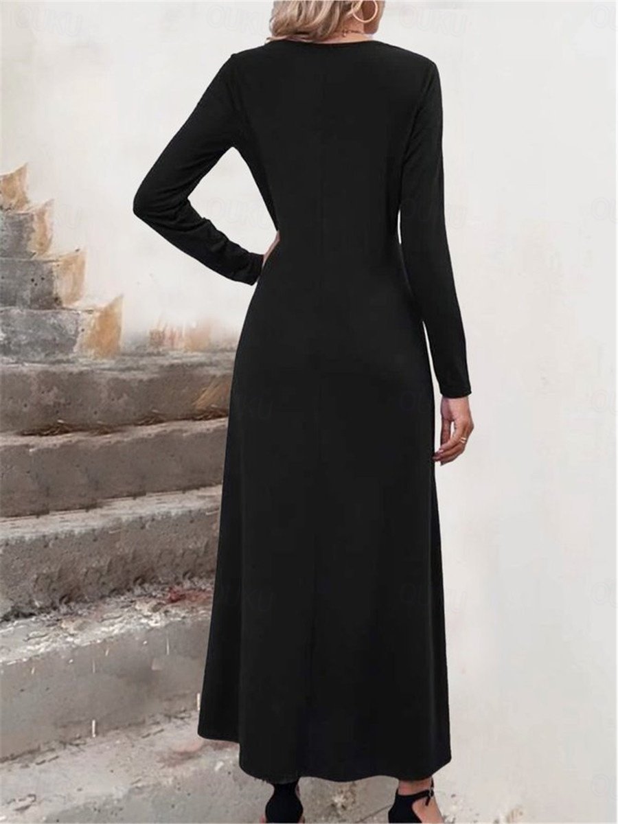 Damen Langarm Frühling/Herbst Farbblock Kleid V-Ausschnitt Urlaub Ausgehen Retro Maxikleid T-Shirt-Kleid A-Linien-Kleid