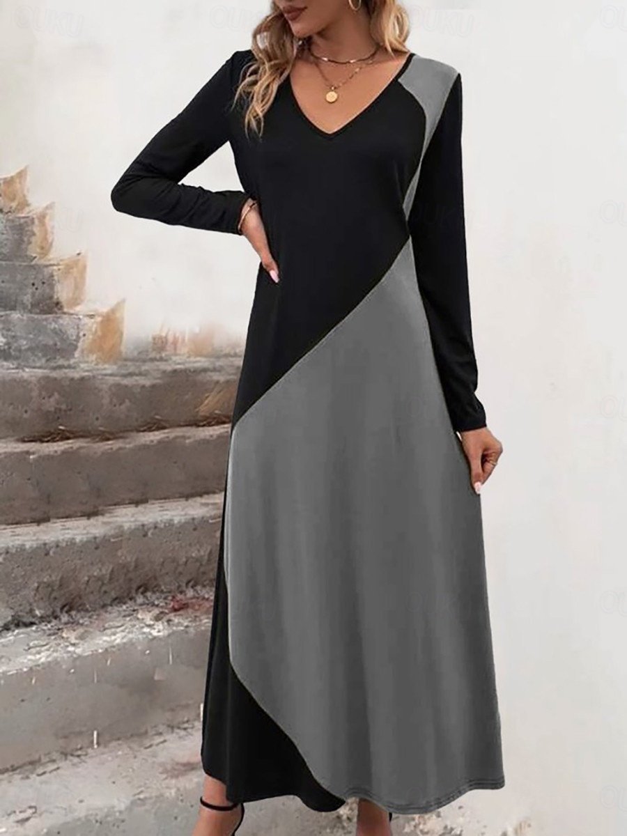 Damen Langarm Frühling/Herbst Farbblock Kleid V-Ausschnitt Urlaub Ausgehen Retro Maxikleid T-Shirt-Kleid A-Linien-Kleid