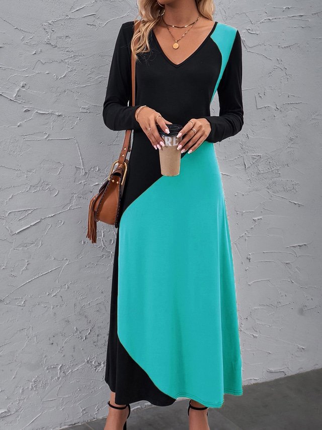 Damen Langarm Frühling/Herbst Farbblock Kleid V-Ausschnitt Urlaub Ausgehen Retro Maxikleid T-Shirt-Kleid A-Linien-Kleid