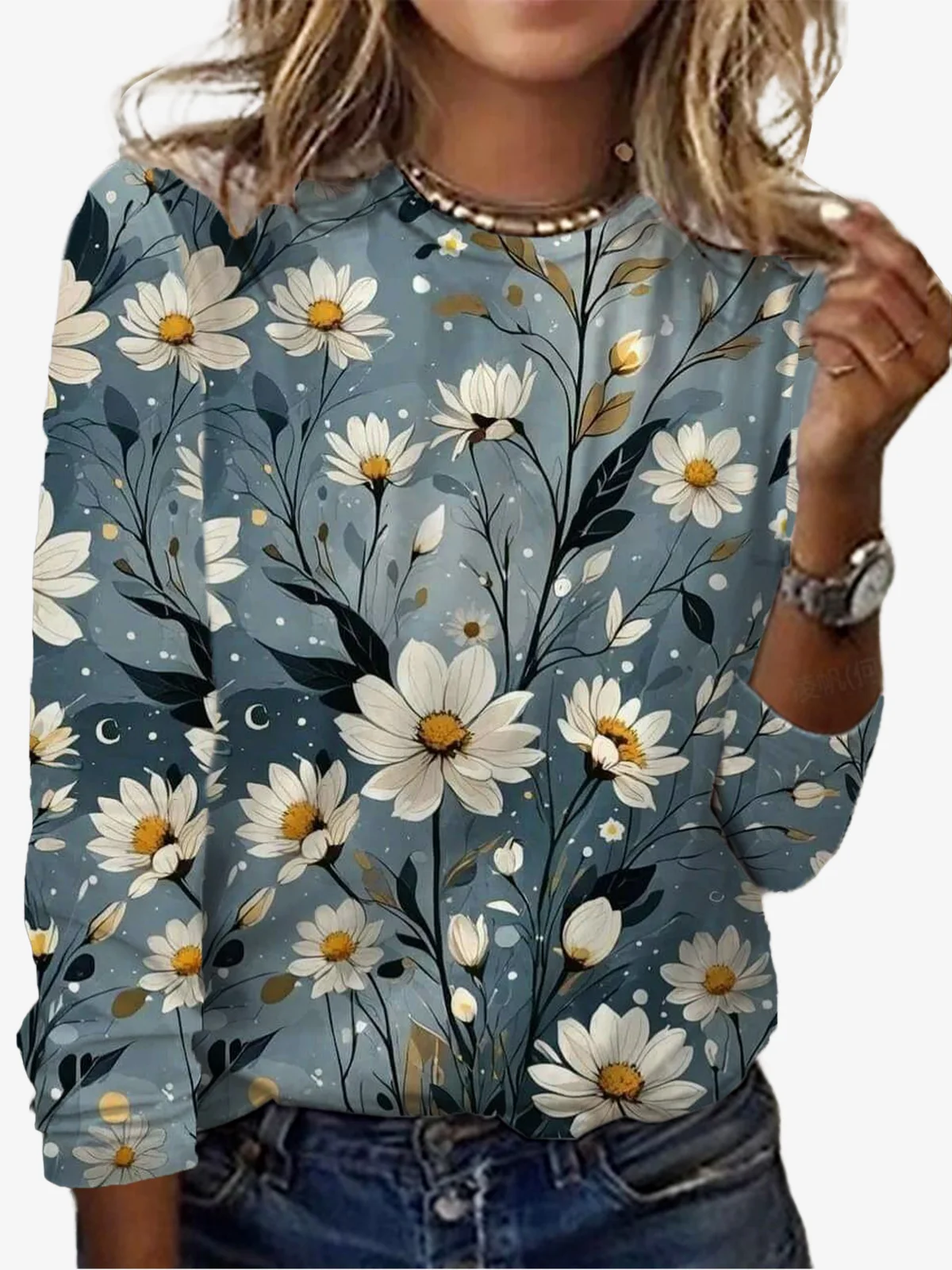 Damen Langarm T-Shirts T-Shirt Frühling/Herbst Geblümt Jersey Rundhals Täglich Ausgehen Lässig Oberteile