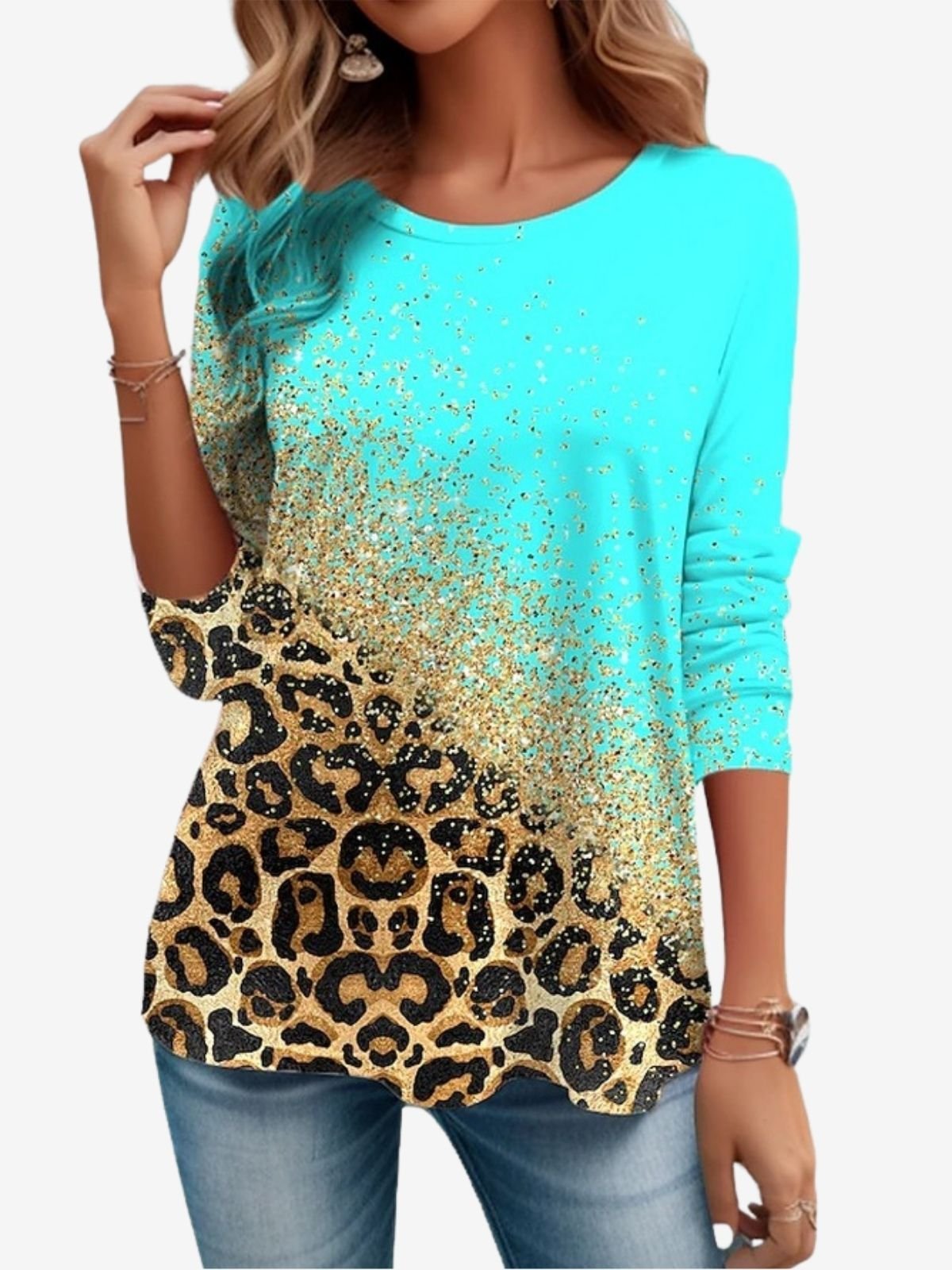 Damen Langarm T-Shirts T-Shirt Frühling/Herbst Leopard Print Jersey Rundhals Urlaub Ausgehen Lässig Oberteile