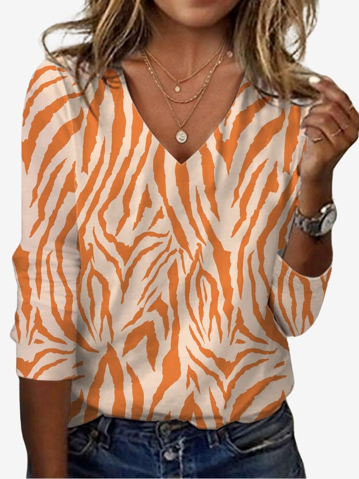 Damen Langarm T-Shirts T-Shirt Frühling/Herbst Zebra Jersey V-Ausschnitt Täglich Ausgehen Lässig Oberteile