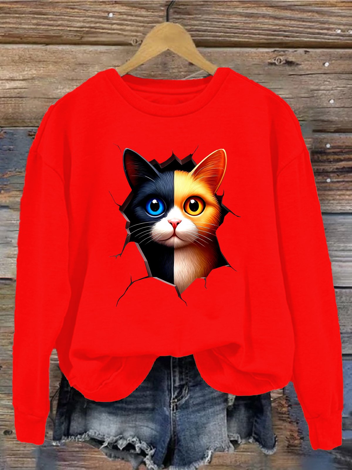 Damen Rundhals Katze Lässig Frühling/Herbst Langarm Sweatshirt