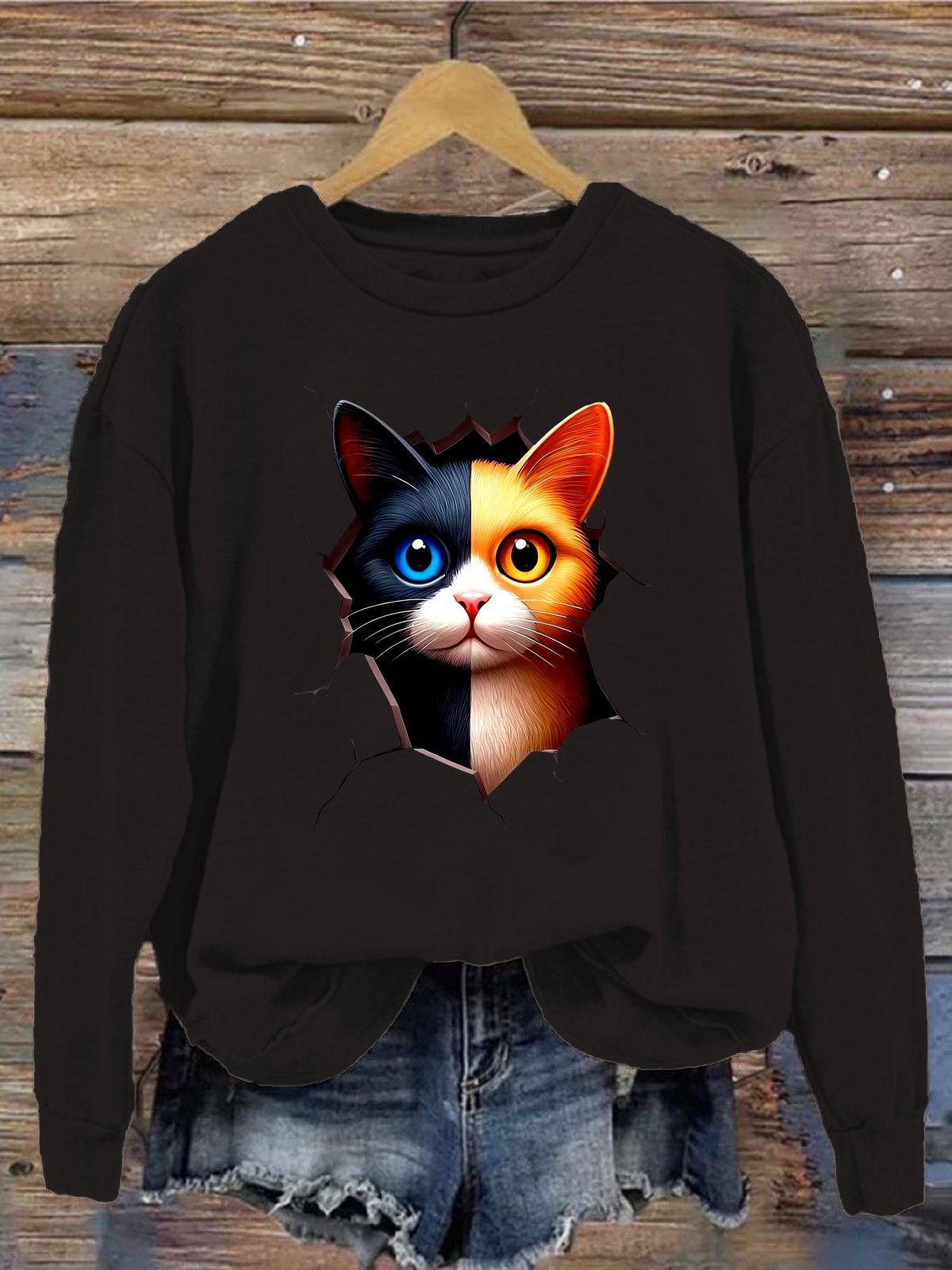 Damen Rundhals Katze Lässig Frühling/Herbst Langarm Sweatshirt