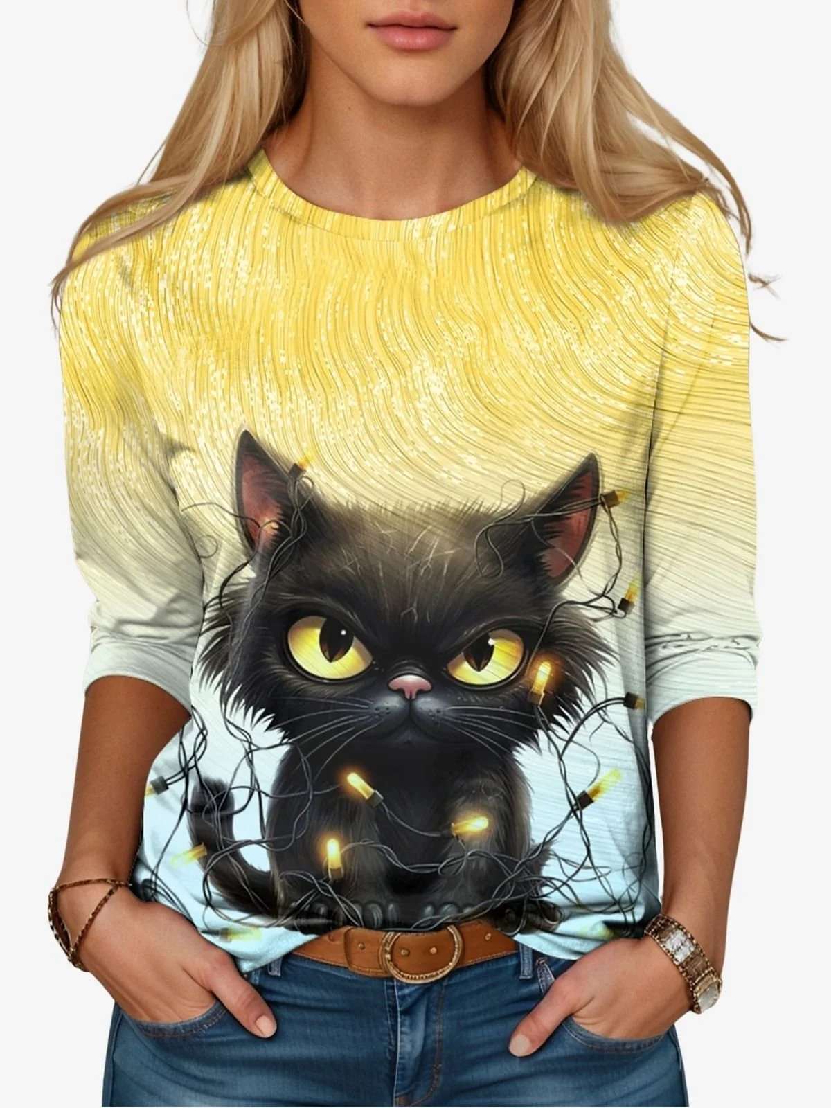 Damen Langarm T-Shirts T-Shirt Frühling/Herbst Katze Print Jersey Rundhals Täglich Ausgehen Lässig Oberteile