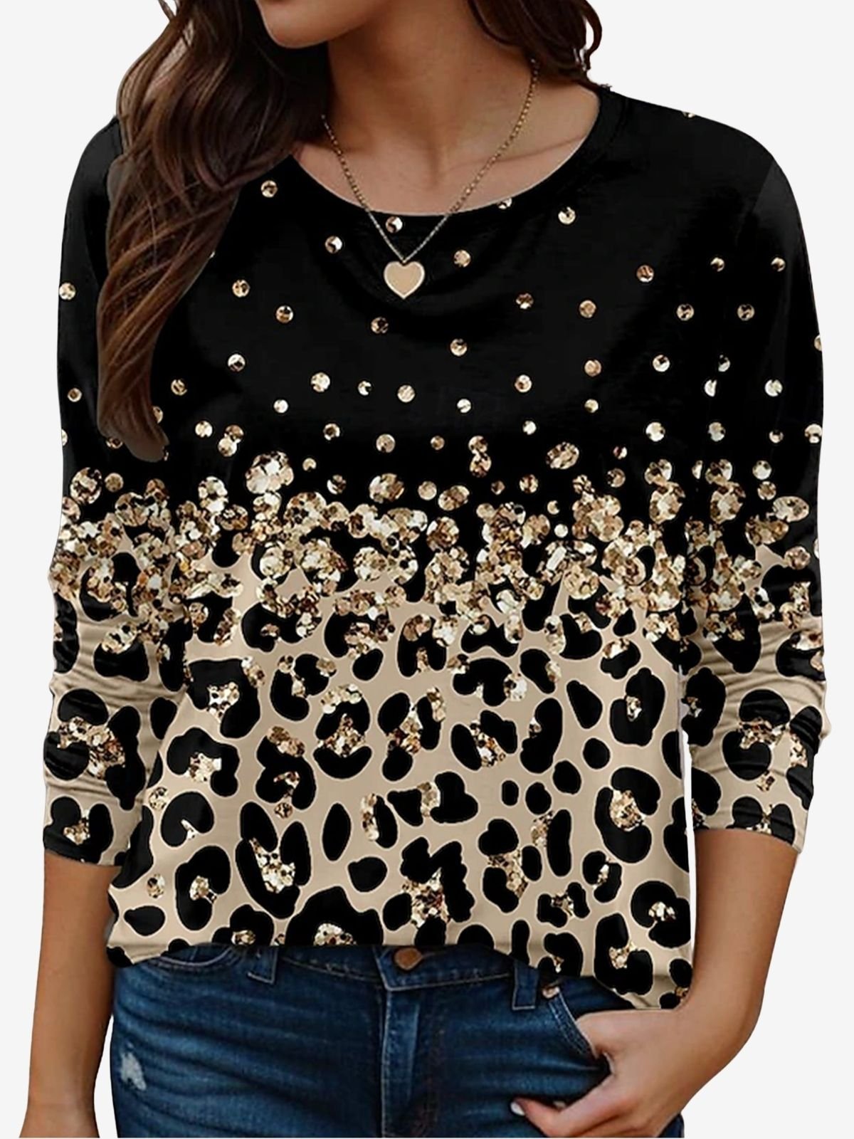 Damen Langarm T-Shirts T-Shirt Frühling/Herbst Leopard Jersey Rundhals Urlaub Ausgehen Lässig Oberteile